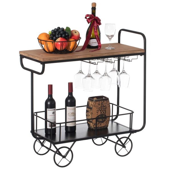 Vintiquewise Metal Wine Bar Serving Cart with Rolling Wheels, Glass Holder, and Wine Rack QI004280